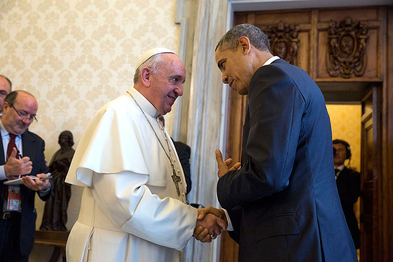 Papa Francesco in Vaticano assieme all'ex presidente degli Stati Uniti Barack Obama, nel marzo del 2014
