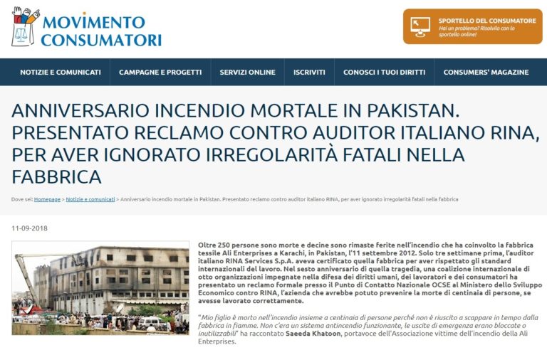 reclamo contro RINA per incendio Ali Enterprises - screenshot sito Movimento Consumatori - 14-9-2018 - pulito