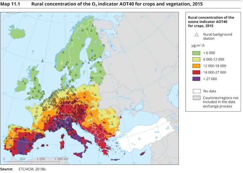 Concentrazione Ozono in Europa, anno 2015. Fonte EEA