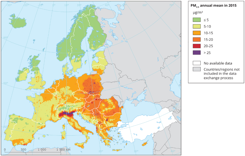 Emissioni PM2,5 in Europa rilevate nel 2015. Fonte EEA