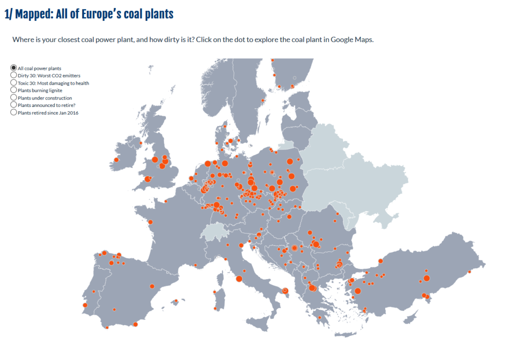 Mappa delle centrali a carbone attive più inquinanti d'Europa. Fonte: Europe Beyond Coal