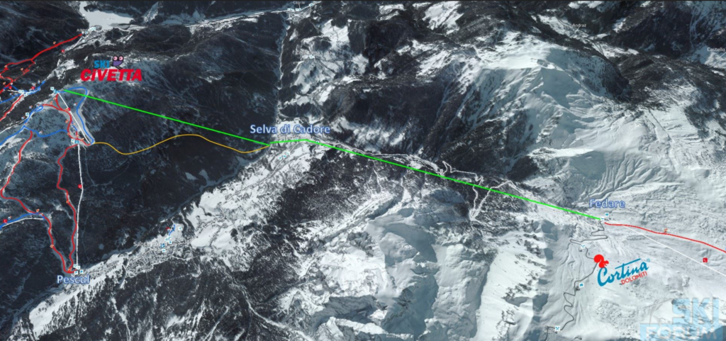 La bozza di Skiforum.it per il collegamento da Cortina al Civetta. FONTE: Skiforum.it https://www.skiforum.it/skinews/838-progetto-carosello-cortina-arabba-civetta.html