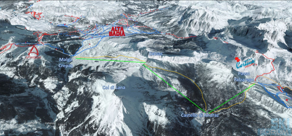 La bozza di collegamento da Cortina ad Arabba. FONTE: Skiforum.it https://www.skiforum.it/skinews/838-progetto-carosello-cortina-arabba-civetta.html