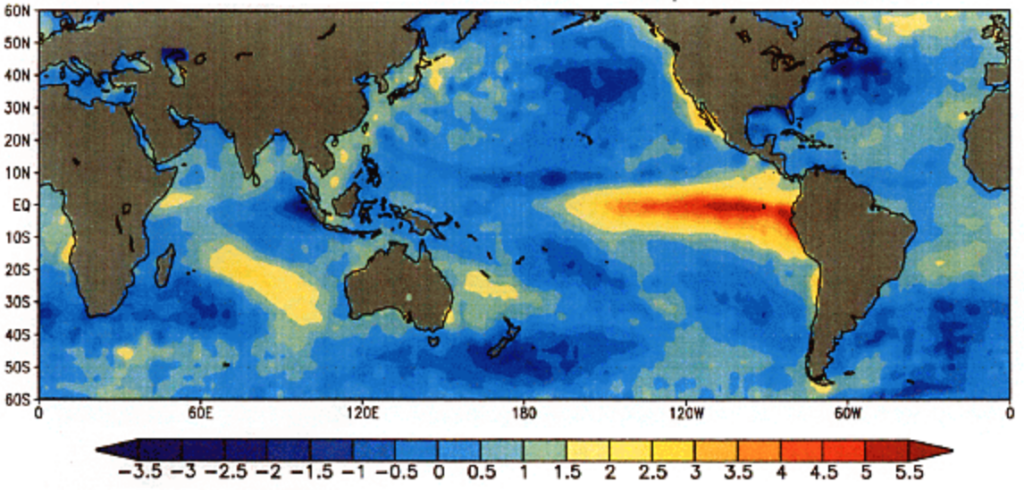 Carta delle anomalie di temperatura dell'Oceano Pacifico (°C) durante una condizione di El Niño (dicembre 1997)