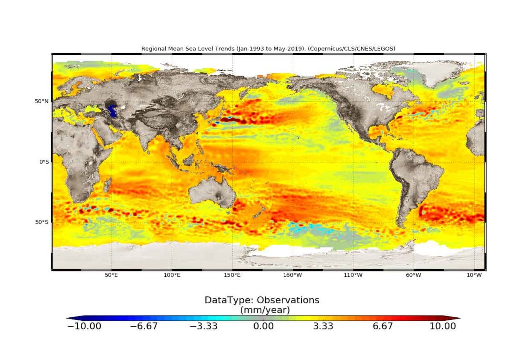 Nel 2019, il livello medio globale del mare ha raggiunto il suo valore più alto. Fonte: Copernicus/CLS/NES/LEGOS