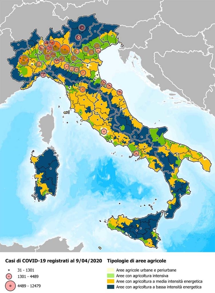 MAPPA contagi coronavirus per tipi di agricoltura prevalenti, Italia - studio UniFi aprile 2020
