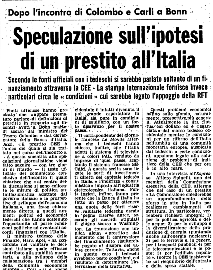 Uno stralcio dell'articolo de L'Unità del 23 agosto 1974 sui prestiti concessi all'Italia.