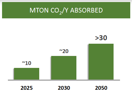 Target di assorbimento della CO2 (Mton/Milioni di tonnellate all'anno) grazie a piani di conservazione forestale REDD+. Fonte: Eni, Conference call con gli investitori, 28 febbraio 2020.