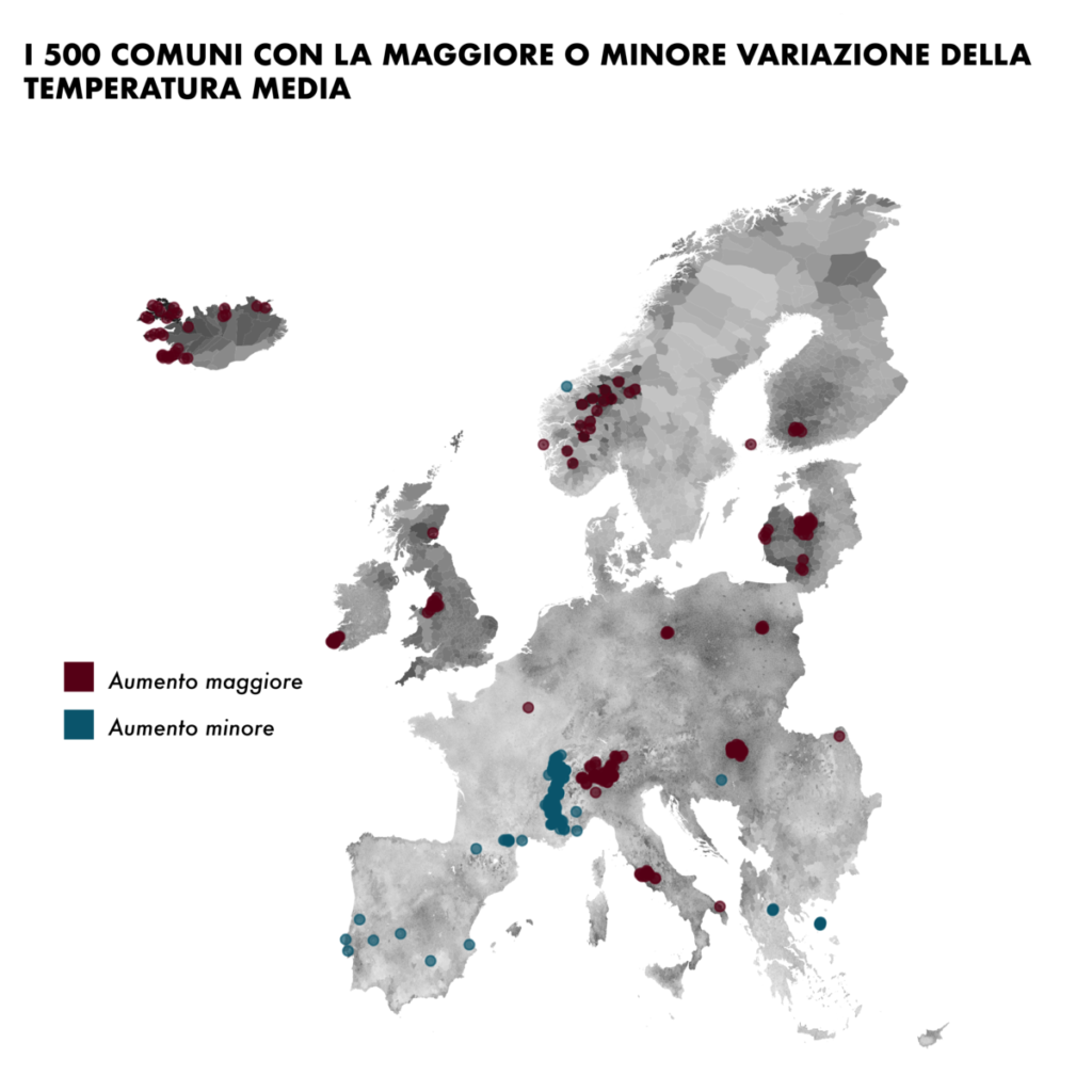I 500 Comuni con la maggiore o minore variazione della temperatura media. FONTE: Servizio europeo Copernicus