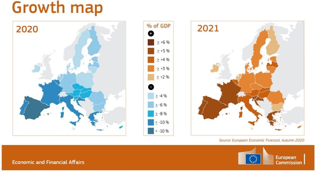 MAPPA previsioni economiche autunno 2020, andamento Pil nei Paesi Ue - fonte Commissione Europea, novembre 2020