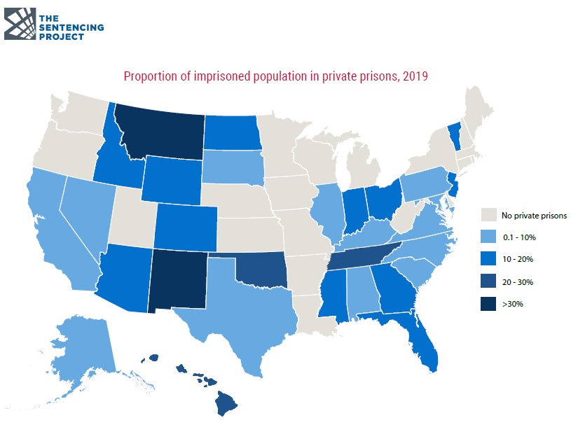 percentuale dei detenuti in un carcere privato in America per stato, 2019