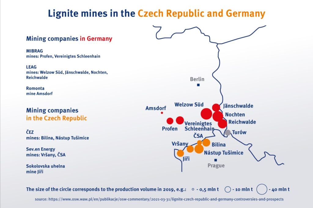 mappa delle miniere di carbone e lignite vicine a quella di Turow, tra Repubblica Ceca e Germania