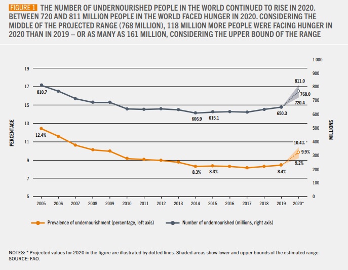 carenza di cibo e fame bel mondo 2005-2020 @ The state of food security and nutrition in the world, luglio 2021