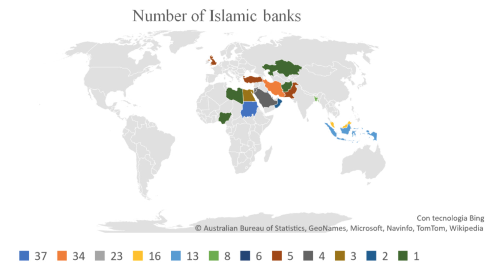 Diffusione degli istituti bancari islamici nel mondo.
Fonte: rielaborazione propria sui dati forniti da Islamic Financial Service Board (Q2 2018).