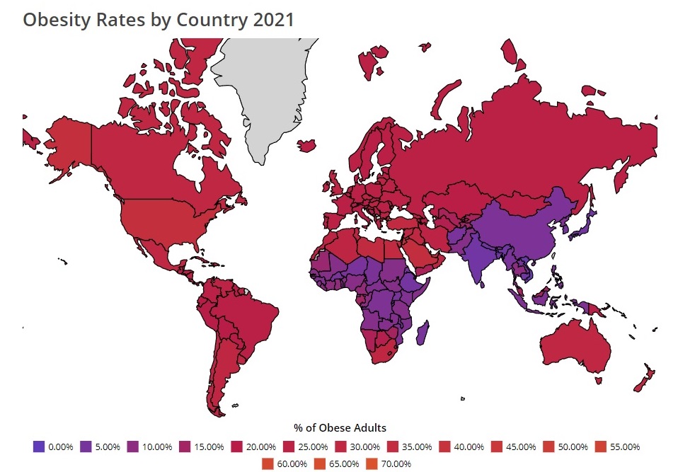 Inefficienza di sistema: mappa del tasso di obesità per Paese nel 2021