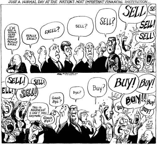 Una vignetta di Kevin Kallaugher (KAL) che, con ironia, esemplifica come funzionano i mercati finanziari