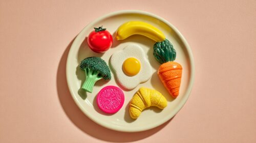 Piatto bianco con cibo finto realizzato in plastica colorata, metafora visiva del legame tra petrolio e alimentazione
