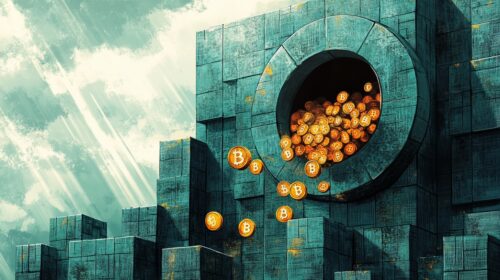 Monete bitcoin che fuoriescono da un caveau circolare aperto in un muro di blocchi turchesi, illustrazione editoriale del furto crypto