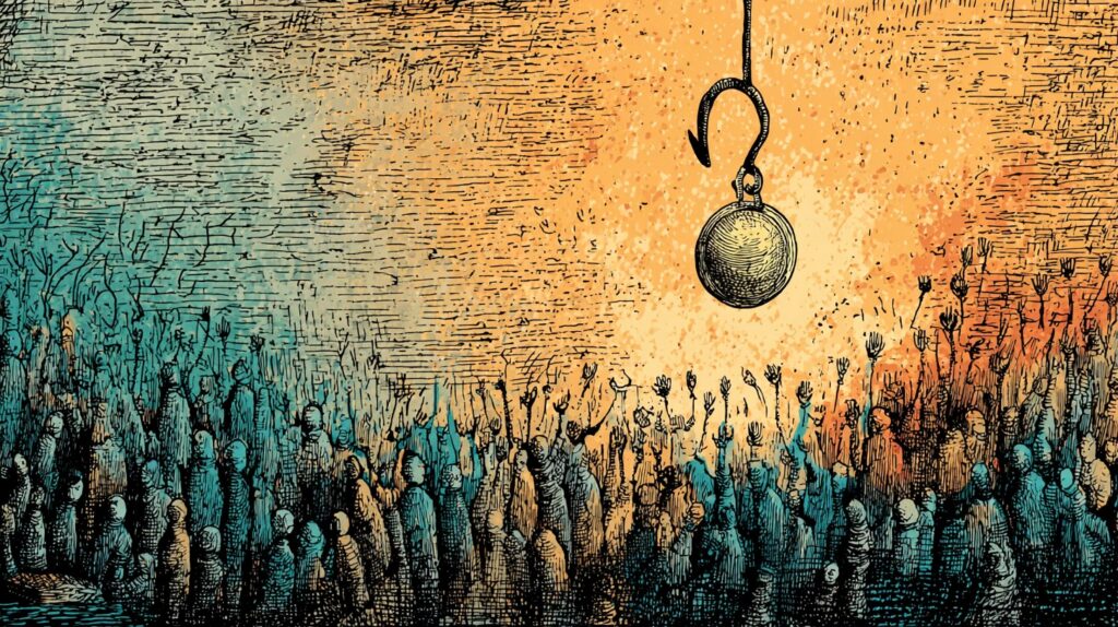 Illustrazione di una moneta-esca appesa a un amo da pesca sopra una folla che tende le mani, metafora delle truffe crypto