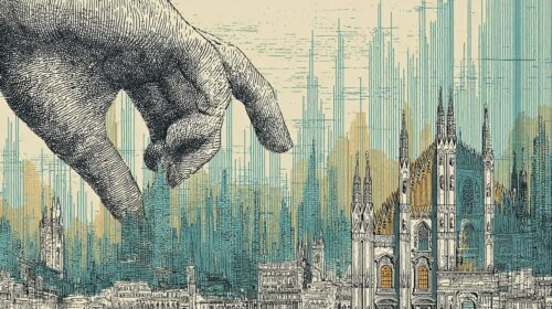 KKR in Italia: Illustrazione editoriale in stile incisione: una grande mano scende dall'alto verso lo skyline di Milano con il Duomo, sullo sfondo di grattacieli che richiamano grafici finanziari, nei toni del teal e dell'ocra