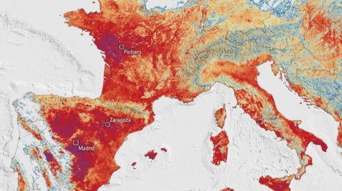 Mappa satellitare delle temperature al suolo in Europa il 23 giugno 2026 durante l'ondata di caldo estremo