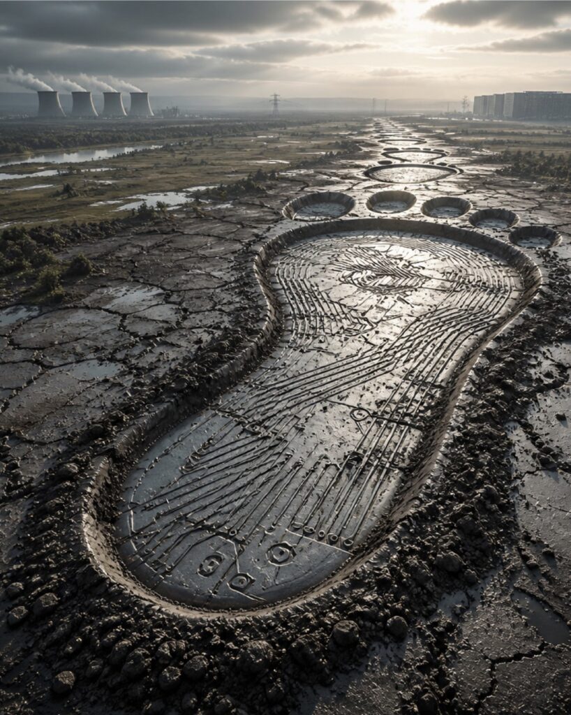 Immagine concettuale dell'impronta ecologica dell'intelligenza artificiale, contenuta nel rapporto. Per generare quest'immagine, secondo l'UNU, sono stati impiegati 2.9 Wh di elettricità, emessi 1.22 g di CO₂ 28.6 millilitri di acqua e 0.45 cm² di terra
