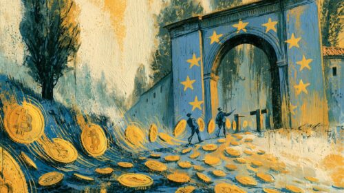 Illustrazione: monete bitcoin verso una porta con le stelle della bandiera UE, regolamento MiCA exchange