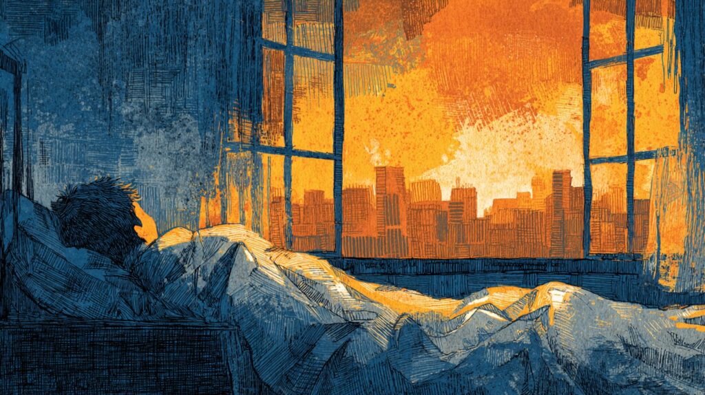 Illustrazione: una persona sdraiata a letto, sveglia, di notte, davanti a una grande finestra spalancata da cui si vede lo skyline di una città avvolto in una luce arancione