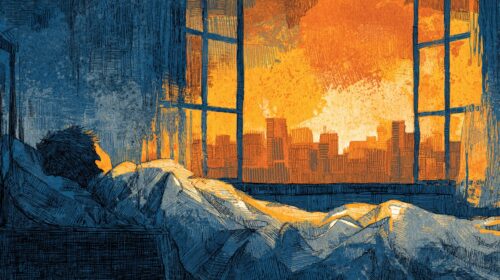Illustrazione: una persona sdraiata a letto, sveglia, di notte, davanti a una grande finestra spalancata da cui si vede lo skyline di una città avvolto in una luce arancione