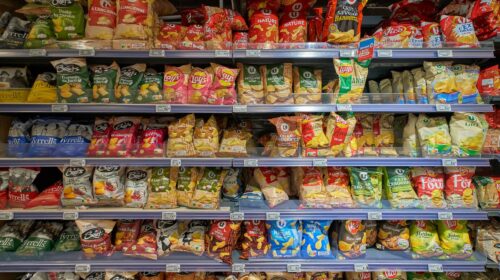 scaffale di supermercato con patatine e snack confezionati