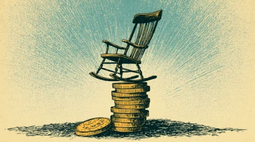 Sedia a dondolo in equilibrio su una pila di monete, simbolo del rischio di investire la pensione in criptovalute