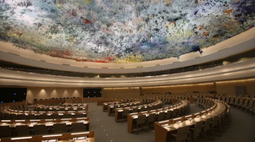 Sala circolare del Consiglio Diritti umani dell'Onu a Ginevra, dove si discute anche di armi autonome e della loro definizione