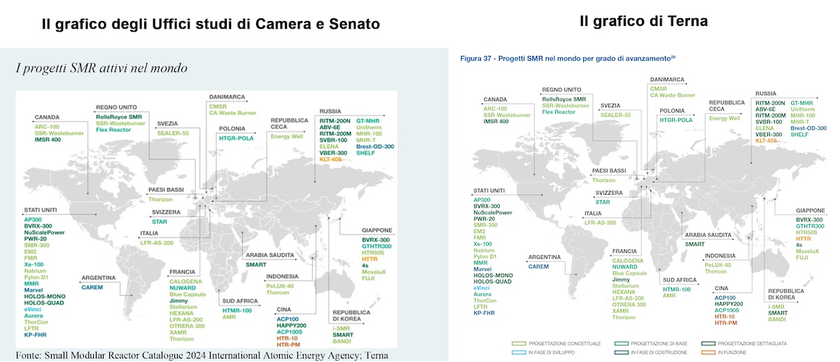 Confronto tra la mappa dei progetti Smr di Terna e la versione senza legenda del dossier parlamentare